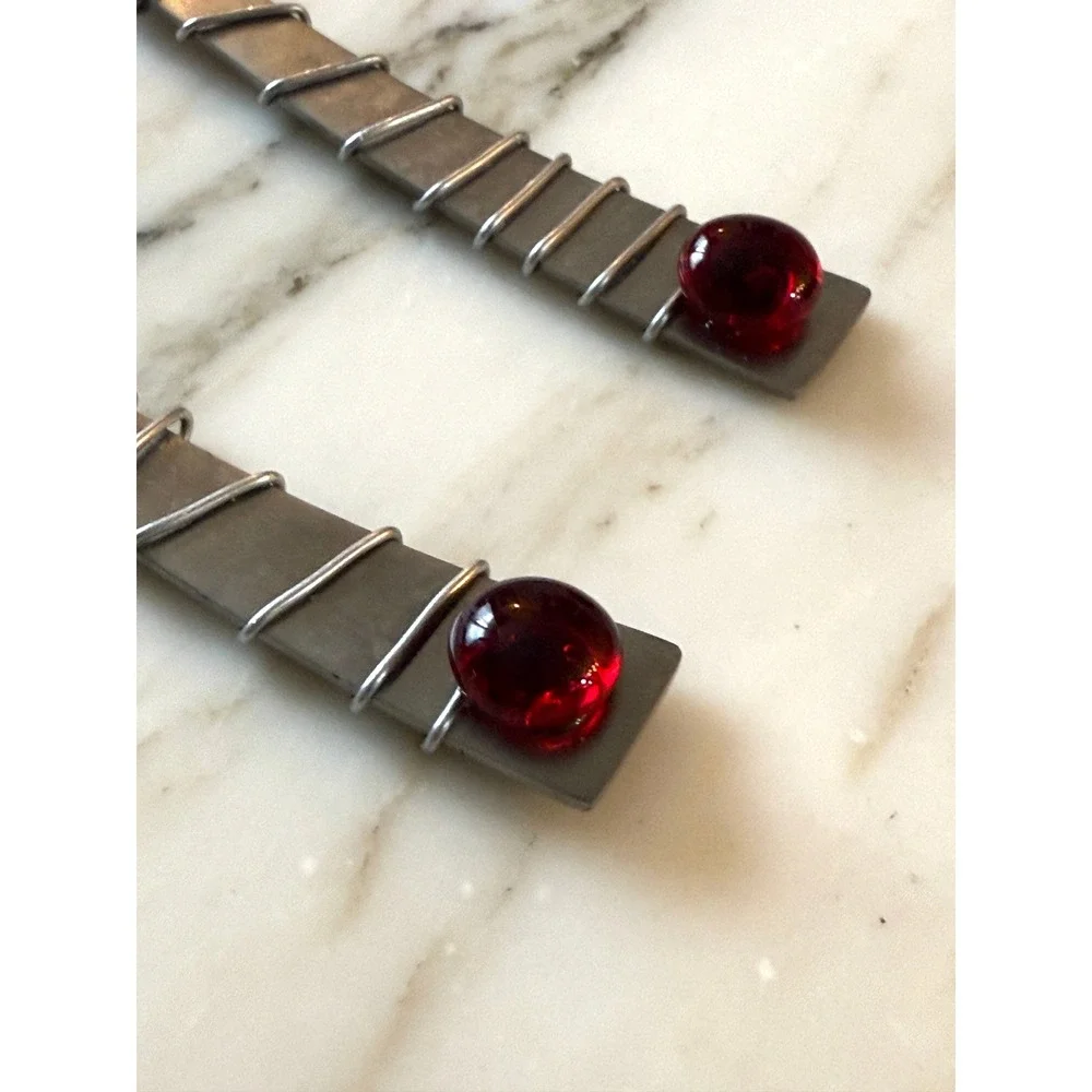 Vintage Y2K Handmade Stainless Steel Salad Serving Set Red Glass Wire Wrapped